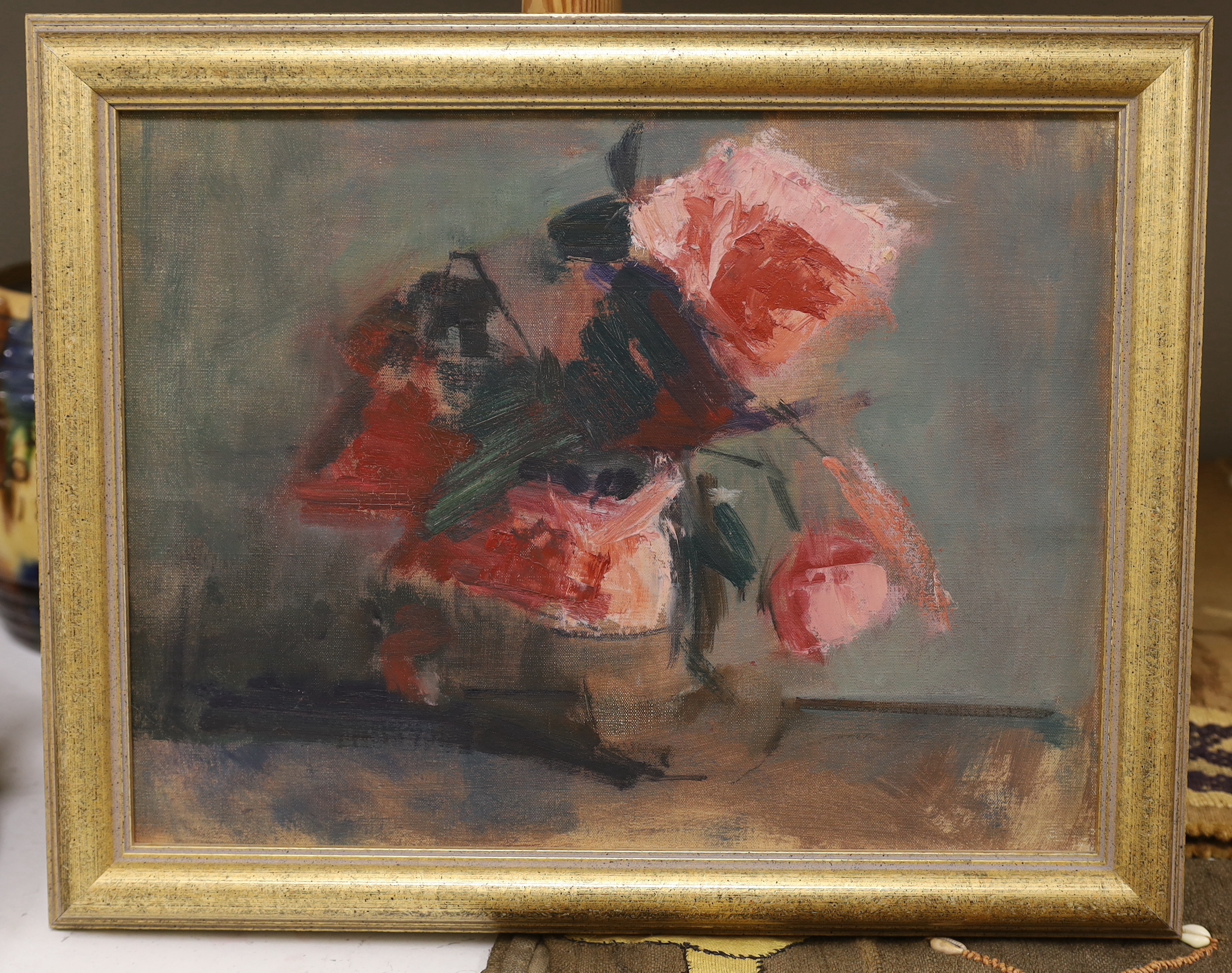 Barbara Robinson (b.1928), Impressionist oil on canvas, Still life of roses, monogrammed, 39 x 29cm